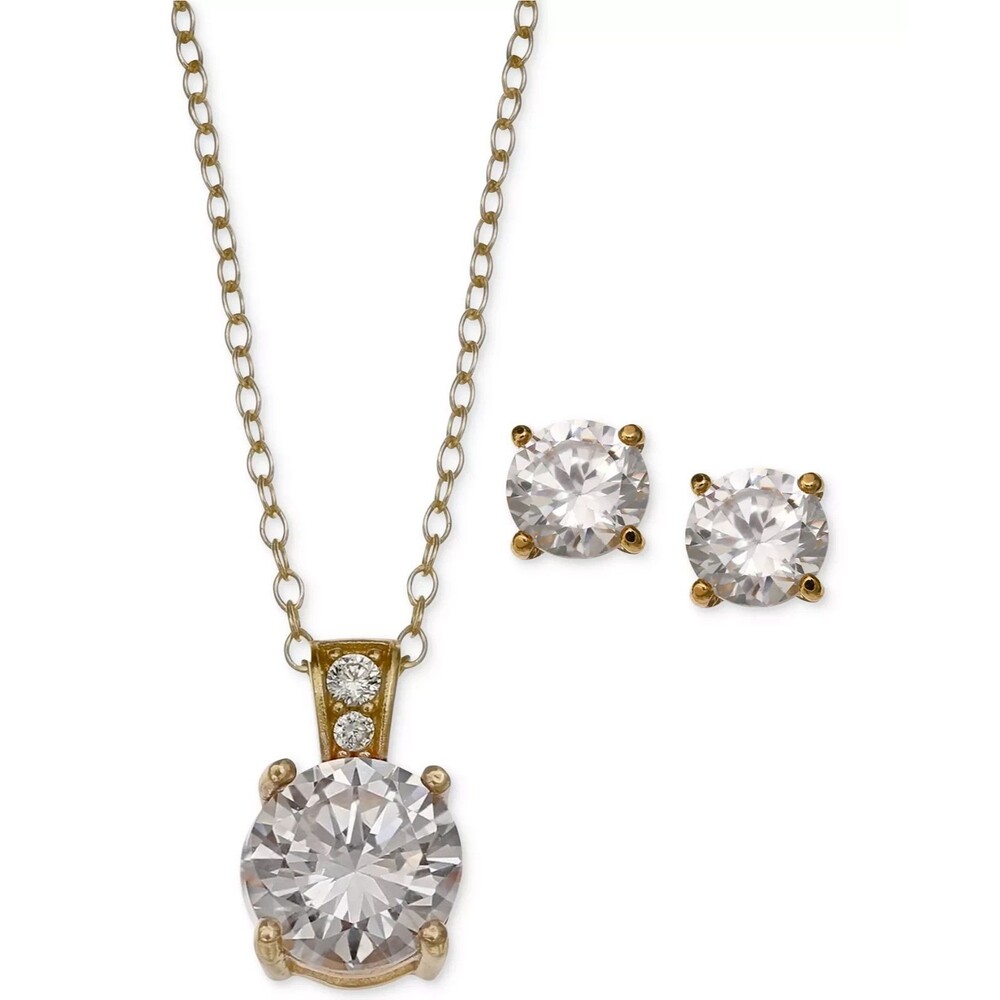 Gianni Bernini CZ Pendant Necklace Stud Earrings Set 18K Gold Over Silver New